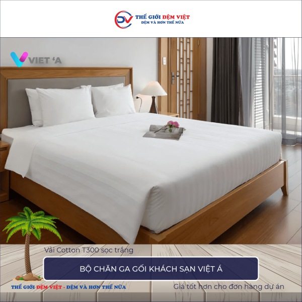 Bộ chăn ga gối khách sạn Việt Á Cotton T300 sọc trắng 3